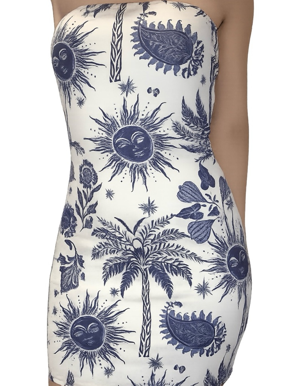 Strapless White Mini Dress with Navy Celestial Print